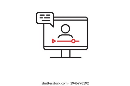 Video conference icon. Person on computer screen. Home office. Digital communication. Internet teaching media. E-learning.