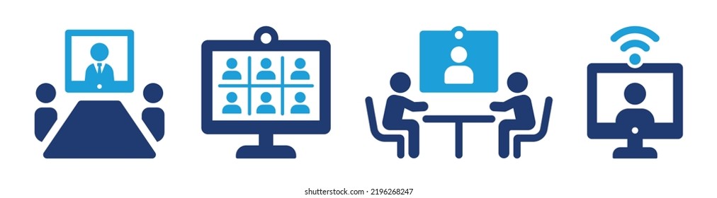 Video conference icon set. Containing seminar teamwork, remote meeting, online meeting, webinar icons. Vector illustration