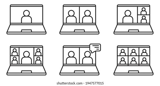 Video conference icon set, Digital communication symbol, People on laptop screen, Internet learning media business concept, vector illustration