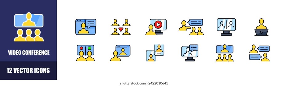 Video conference icon set. Flat style. Vector icons