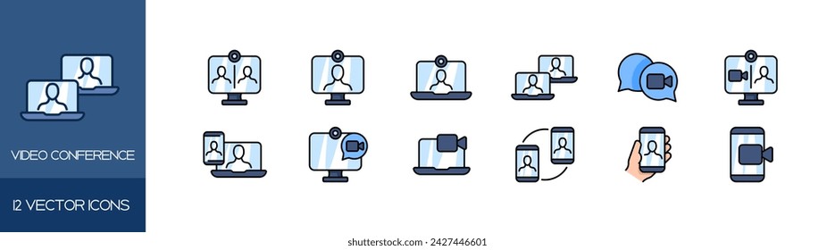 Video conference icon set. Conference icon set. Flat style. Vector icon