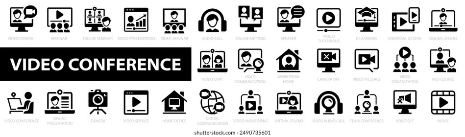 Video conference icon set. Group call icons. Black stroke and white background. Seminar teamwork, remote meeting, online meeting, webinar and more. Vector illustration