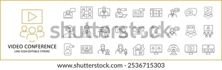 Video Conference Icon Set. Video Conference Line Icons. Containing virtual, conversation, meeting, zoom, digital, communication, seminar, etc. Vector Illustration. Editable Stroke.
