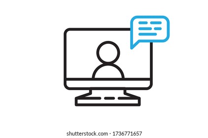Video conference icon. Teleconference with people on computer screen. Home office in quarantine. Digital talk. Internet teaching media communication.