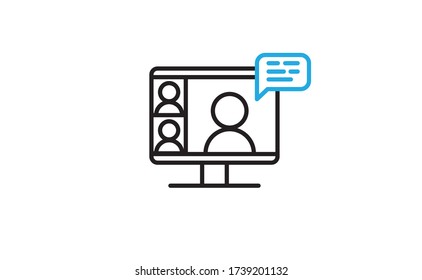 Video conference icon. Teleconference with people on computer screen. Home office in quarantine. Digital talk. Internet teaching media communication.