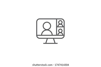 Video conference icon. Teleconference with people on computer screen. Home office in quarantine. Digital talk. Internet teaching media communication.