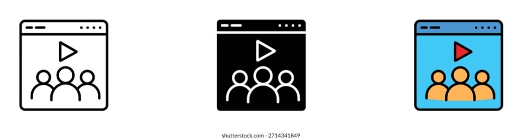 Vetor do ícone de videoconferência. participação do público e símbolo de aprendizagem online. ilustração vetorial.