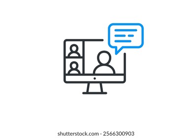 Video conference icon. Virtual conference on computer screen. Online webinar, video presentation, distant study and learning. Vector illustration