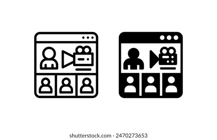 Video Conference icon, which is represented by people on one screen and a camera. With Outline, Glyph or solid style