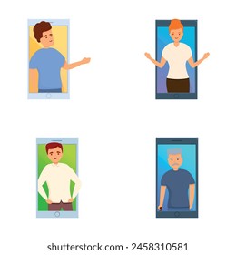 Video conference icons set cartoon vector. Online meeting work form home. Digital technology and communication