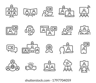 Video Conference Icons Set. Collection of linear simple web icons such Video Сommunication with People at a Distance Using Devices, Headphone, Camera, Projector icon, Video communication and others