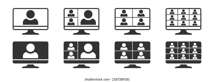 Video conference icons set. Online work icon. People on computer screen. Vector illustration.