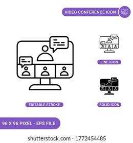 Video Conference icons set vector illustration with solid icon line style. Online communication concept. Editable stroke icon on isolated background for web design, infographic and UI mobile app.