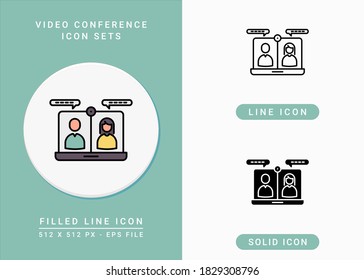 Video Conference icons set vector illustration with solid icon line style. Online communication concept. Editable stroke icon on isolated background for web design, infographic and UI mobile app.