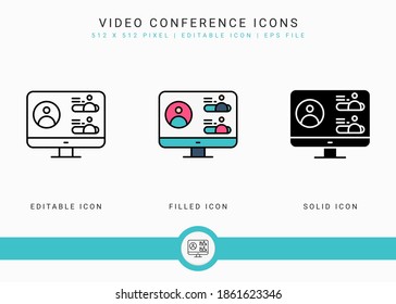 Video-Konferenz-Symbole setzen Vektorgrafik mit soliden Symbollinien-Stil. Konzept der Online-Kommunikation. Bearbeitbares Strichsymbol auf isoliertem Hintergrund für Web-Design, Infografik und UI Mobile App.