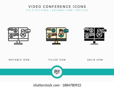 Los iconos de la videoconferencia establecen la ilustración vectorial con el estilo de línea de icono sólido. Concepto de comunicación en línea. Icono de trazo editable sobre fondo aislado para diseño web, infografía y aplicación móvil de interfaz de usuario.