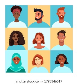 Video conference illustration with diverse peoples’ faces. Group video call concept in flat style with black, white, muslim men and women. Business online conference poster with avatars