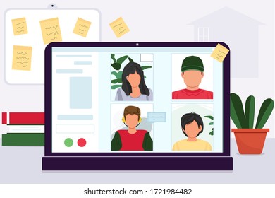 Video conference illustration. Stay and work from home. Stream, web chatting, online meeting friends. Coronavirus, quarantine isolation. Workplace, laptop screen, group of people talking by internet. 