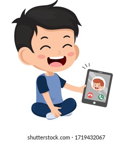 Video Conference. Incoming call on tablet screen. Cute little boy hand holding tablet with friend on screen. stay at home. children happy using technology internet. Vector cartoon kid illustration.