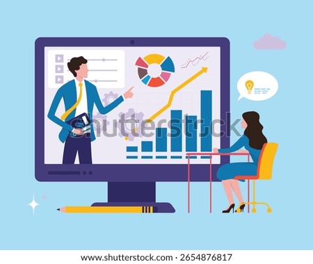 Video Conference Infographic with Vector Editable Business Analytics and two People Discussing Textured Information
