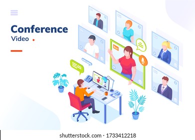 Video conference internet meeting and live video chat isometric vector illustration. Business video call and online communication for remote education, webinar or office chat, video conference call