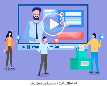 Video conference or interview, people communicating with man on screen, discuss and vote for and against. Online education, training or e-learning concept. Website for tutorials and business courses
