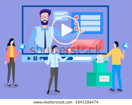 Video conference or interview, people communicating with man on screen, discuss and vote for and against. Online education, training or e-learning concept. Website for tutorials and business courses