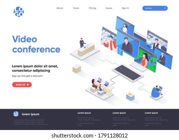 Video Conference Isometric Landing Page. Online Visual Communication Of Team Members, Teleconference And Video Call Isometry Web Page. Website Flat Template, Vector Illustration With People Characters