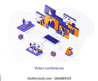 Video conference isometric web banner. Teleconference and video call solution isometry concept. Online communication, project team meetings 3d scene design. Vector illustration with people characters.