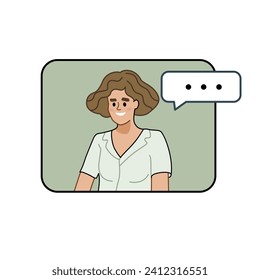 Video conference landing. Online chat window. Woman character, vector graphic flat illustration.