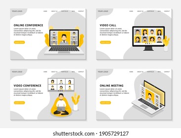 Video conference landing page. Video call, videoconference and online meeting. Work from home. Set of web pages. Vector illustration.