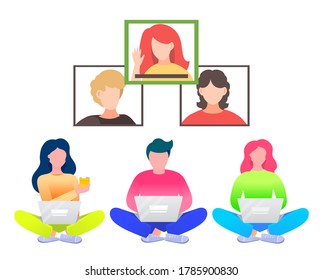 Video conference landing page for home office. Online friends conference. Online webinar. People listen to the lecturer. Internet group conference, training test, work from home, easy communication