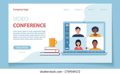 Video conference landing page. Laptop screen with people avatar. Flat vector illustration.