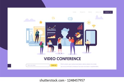 Video conference landing page template. Business People characters communication webinar, online education for website or web page. Vector illustration