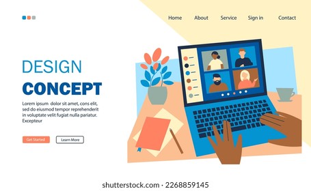 Página de inicio de la videoconferencia. Reuniones virtuales de personas para trabajo, estudio, comunicación. Las personas en la pantalla del portátil y las manos en el teclado. Escritorio, trabajar de forma remota. Vector plano.
