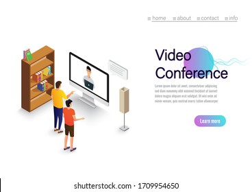 Video conference landing. People on computer screen taking with colleague. Videoconferencing and online meeting workspace vector page