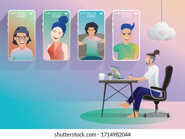 Video conference landing. People on smartphone screen taking with a colleague. Videoconferencing and online meeting workspace man and woman. self-quarantine to prevent from COVID -19, vector 