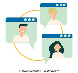 Video conference landing. People on computer screen taking with colleague. Videoconferencing and online meeting workspace vector page. Video call conference, working from home, social distancing