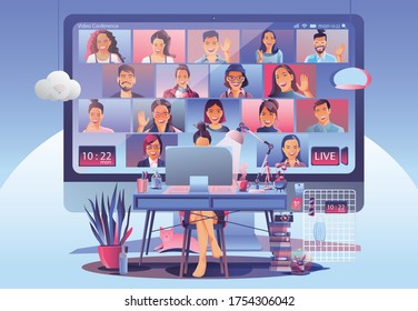 Video conference landing. People on computer screen taking with colleagues. Videoconferencing and online meeting workspace vector page man and woman. self-quarantine to prevent from COVID -19 vector 