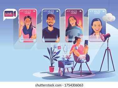 Video conference landing. People on smartphone screen taking with colleagues. Videoconferencing and online meeting workspace vector page man and woman. self-quarantine to prevent from COVID -1 vector 