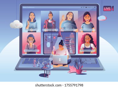 Video conference landing. People on computer screen taking with colleagues. Videoconferencing and online meeting workspace vector page man and woman. self-quarantine to prevent from COVID -19 vector 