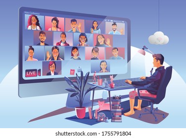 Video conference landing. People on computer screen taking with colleagues. Videoconferencing and online meeting workspace vector page man and woman. self-quarantine to prevent from COVID -19 vector 