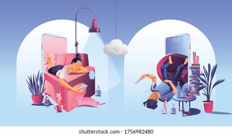 Video conference landing. People on smartphone screen taking with colleagues. Videoconferencing and online meeting workspace vector page man and woman. self-quarantine to prevent from COVID -1 vector