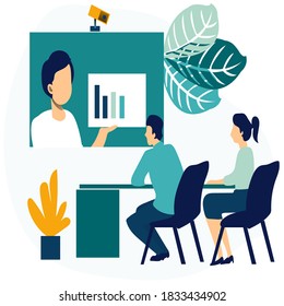 Video conference landing. People on computer screen taking with colleague. Videoconferencing and online meeting workspace vector page