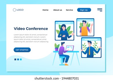 Video conference landing. People on computer screen taking with colleague. Videoconferencing and online meeting workspace vector page