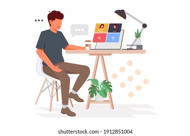 Desembarco de videoconferencia. Trabajador que utiliza un equipo para reuniones y grupos virtuales colectivos. página vectorial del área de trabajo de reunión en línea
