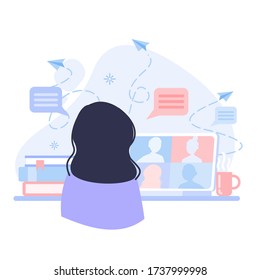 Video conference landing.People on computer screen taking with colleague. Videoconferencing and online class.School learn study from home.Teleconference web video calling.Vector flat illustration.