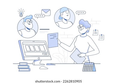 Video conference line concept with people scene in the flat cartoon style. Supervisor gives tasks to employees during a video conference. Vector illustration.