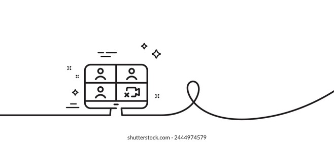 Video conference line icon. Continuous one line with curl. Online training sign. Team presentation symbol. Video conference single outline ribbon. Loop curve pattern. Vector