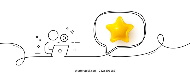 Video conference line icon. Continuous line with 3d star. Online training sign. Start presentation symbol. 3d star in speech bubble. Video conference single line ribbon. Loop curve pattern. Vector